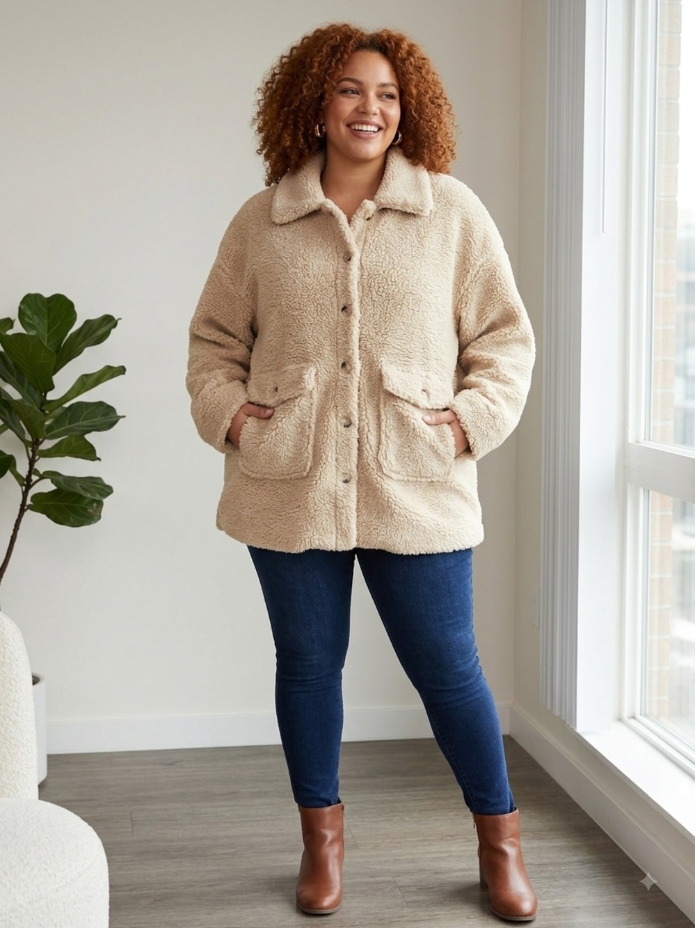 Cider Teddy Sherpa Button Jacket in Cream